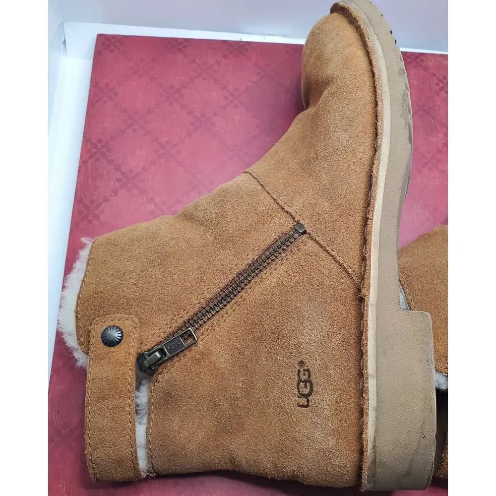 UGG KAYEL WOMEN ANKLE BOOTS LEATHER CHESTNUT US SIZE 7 EUC COZY WARM